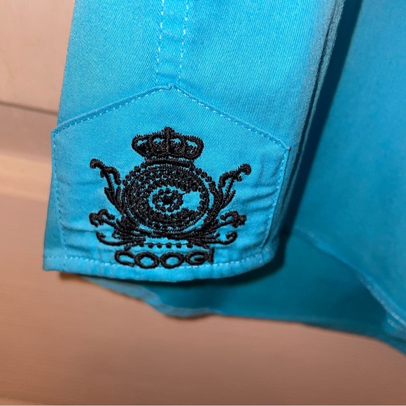 COOGI Luxe Stretch Collection Blue button shirt w/ Leopard cuffs & collar - Picture 5 of 13